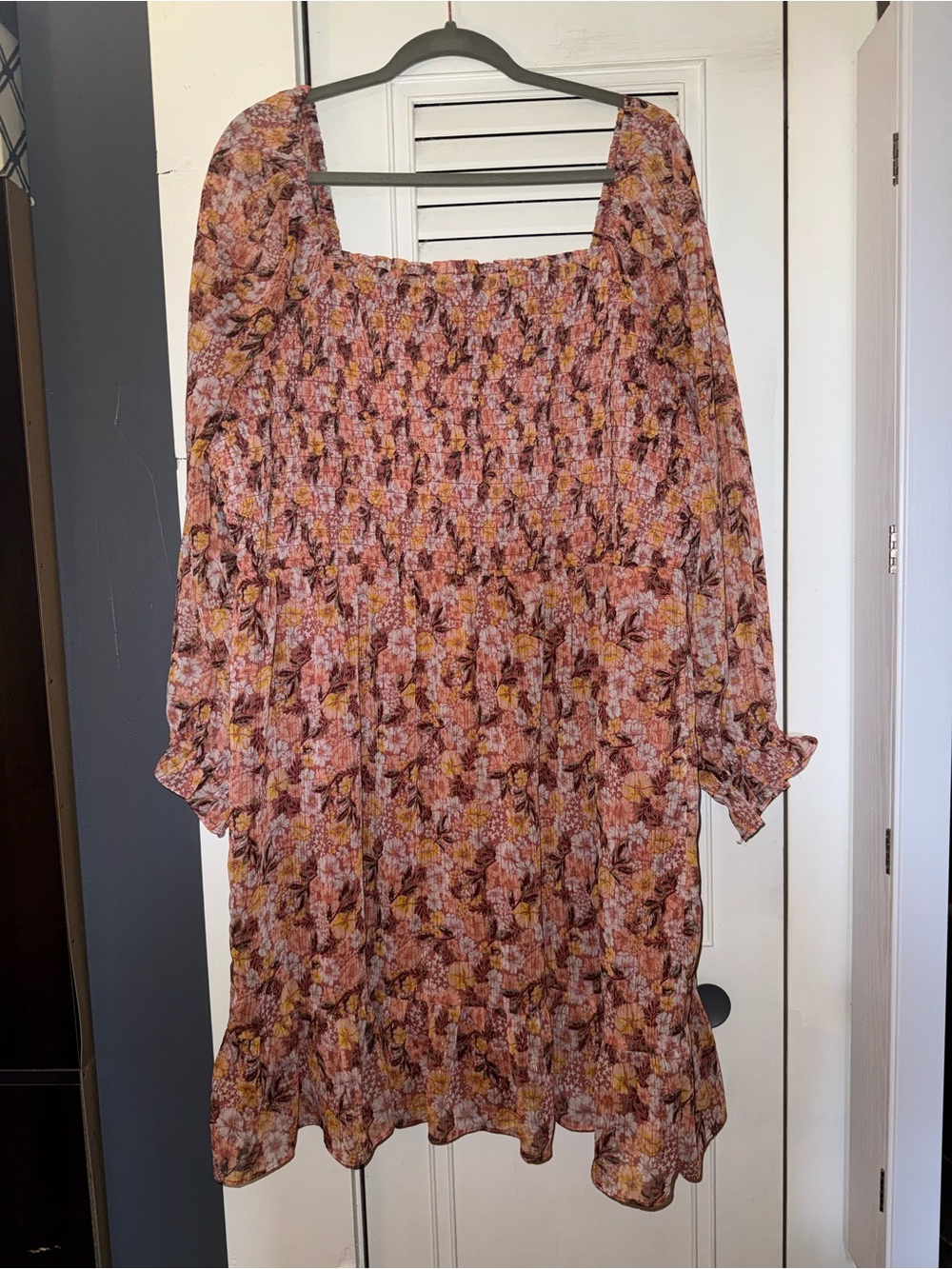LC Lauren Conrad Pink and Mustard Floral Smocked Square-Neck Dress